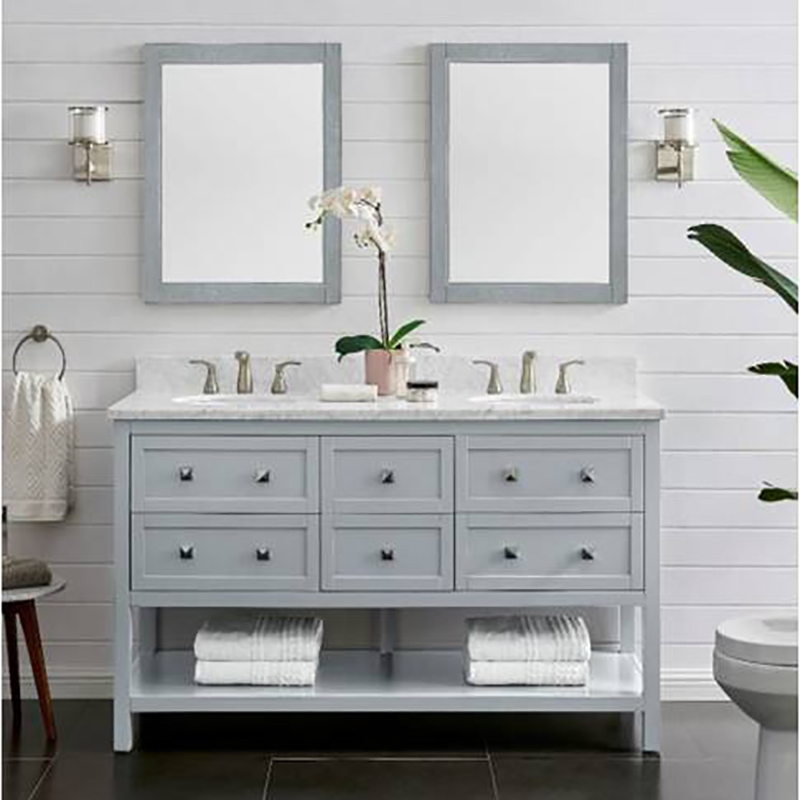 Solid Wood+ Natural marble bathroom vanity 60 Inch With cabinets, Gray 6 drawers